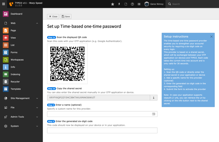 TYPO3 backend shows QR code to set up time-based one-time-password