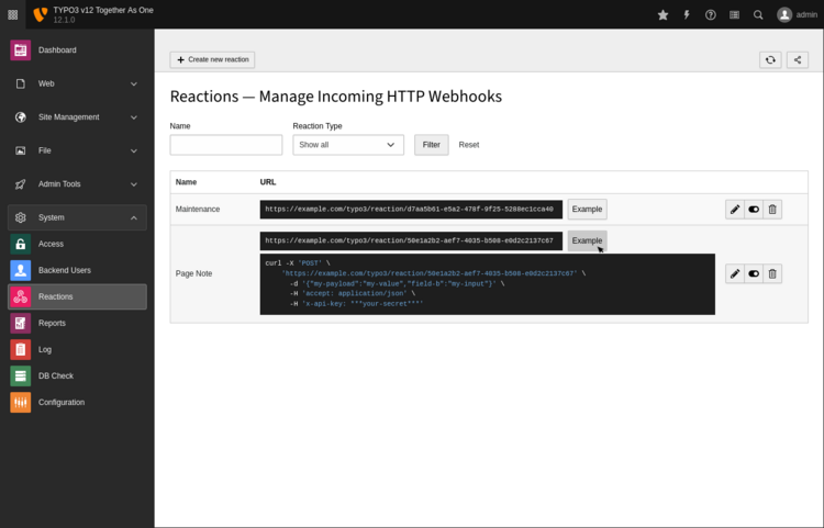 Screenshot of the TYPO3 backend shows a list with all reaction records
