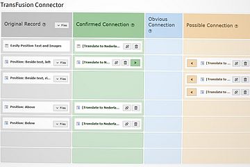Screenshot of TransFusion interface with different-colored columns listing content of different translation statuses.