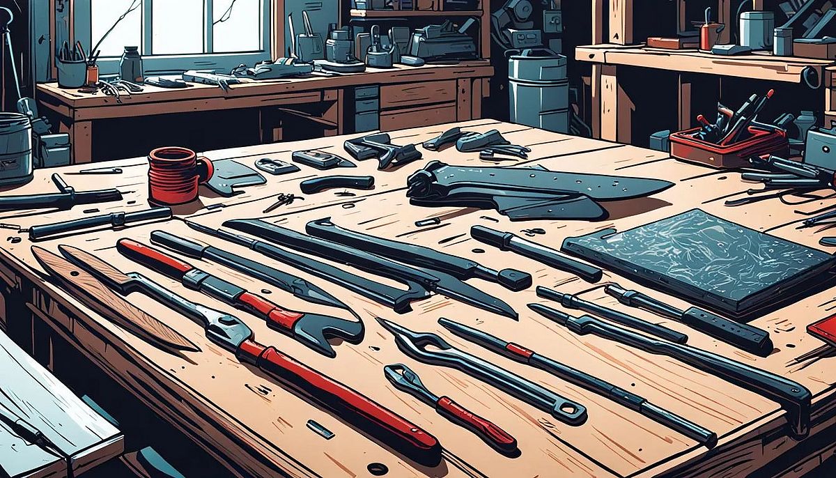 Colored line drawing of a workshop with wooden table and miscellaneous tools laid out on top of it.