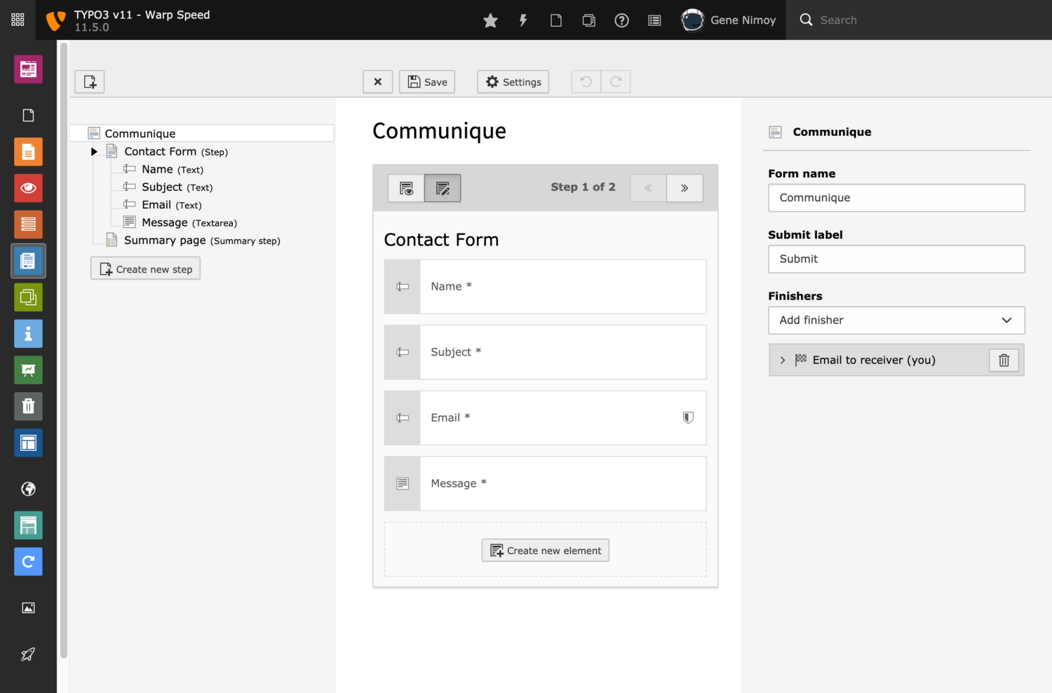 The form manager follows the general look and feel of TYPO3 v11
