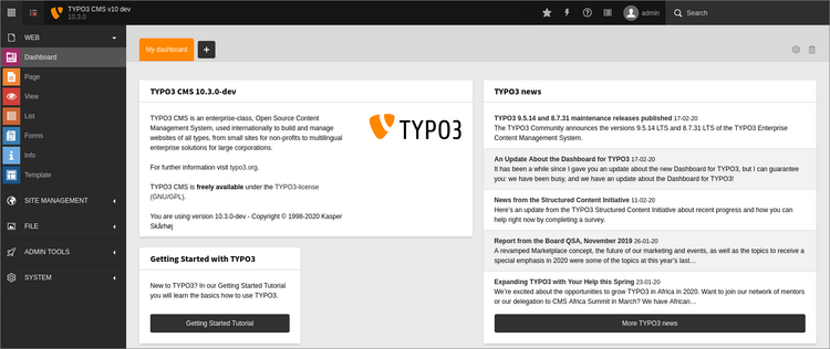 Dashboard with example widgets shown in the TYPO3 backend