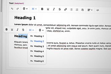 A text editor displays formatting options and a dropdown menu for heading styles. Heading 1 is selected in the menu, and a sample document is shown with formatted heading and body text.