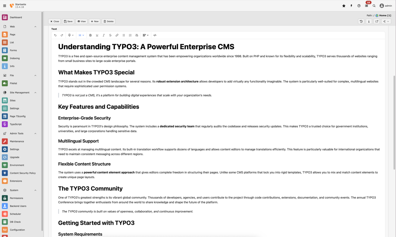 Screenshot of a web-based text editor within the TYPO3 backend displaying an article titled Understanding TYPO3: A Powerful Enterprise CMS.