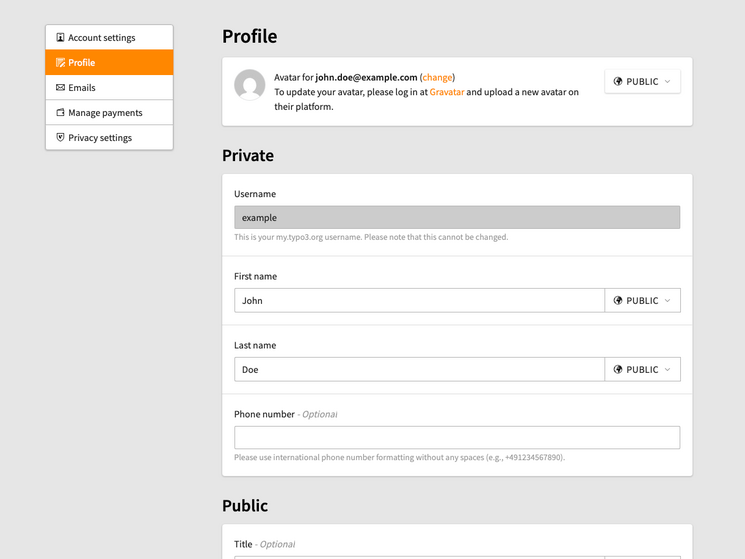 Profile settings page of an account. It includes sections for avatar, username, first name, last name, and phone number. Options to manage email, payments, and privacy settings are in a menu on the left. Fields for public information are also present.