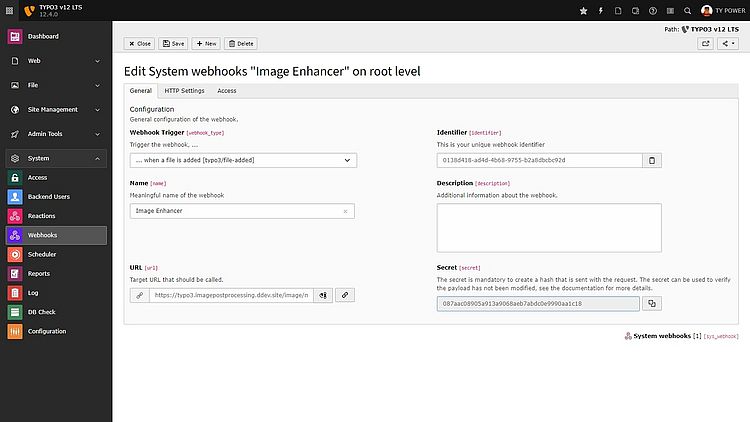 Screenshot of the TYPO3 backend showing the general configuration of an outgoing webhook