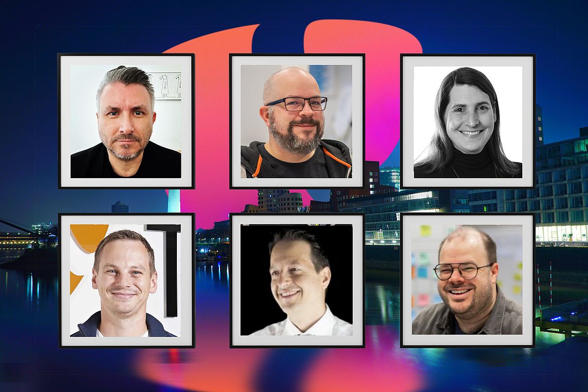 A collage of six framed portraits against a blurred, colorful cityscape background with the TYPO3 logo. The images show three people in the top row and three people in the bottom row, all smiling.