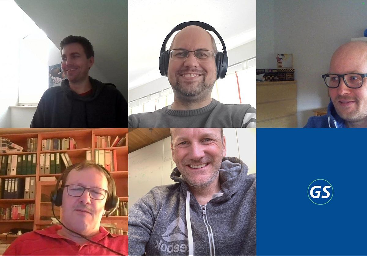Screenshot of online meeting with tiles showing six participants.