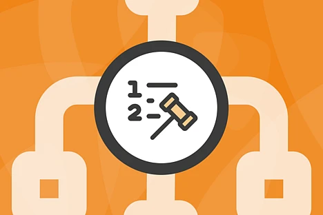 A graphic of a gavel and numbered list inside a circle, set against an orange background with interconnected lines.