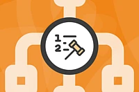 A graphic of a gavel and numbered list inside a circle, set against an orange background with interconnected lines.