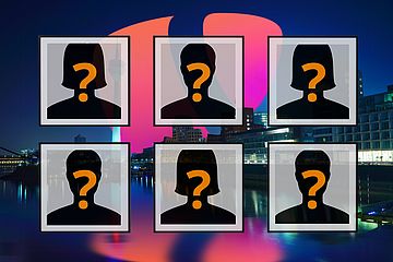 Silhouettes of six people with question marks over their faces are displayed in frames against a blurred cityscape background with a large pink and orange TYPO3 logo.