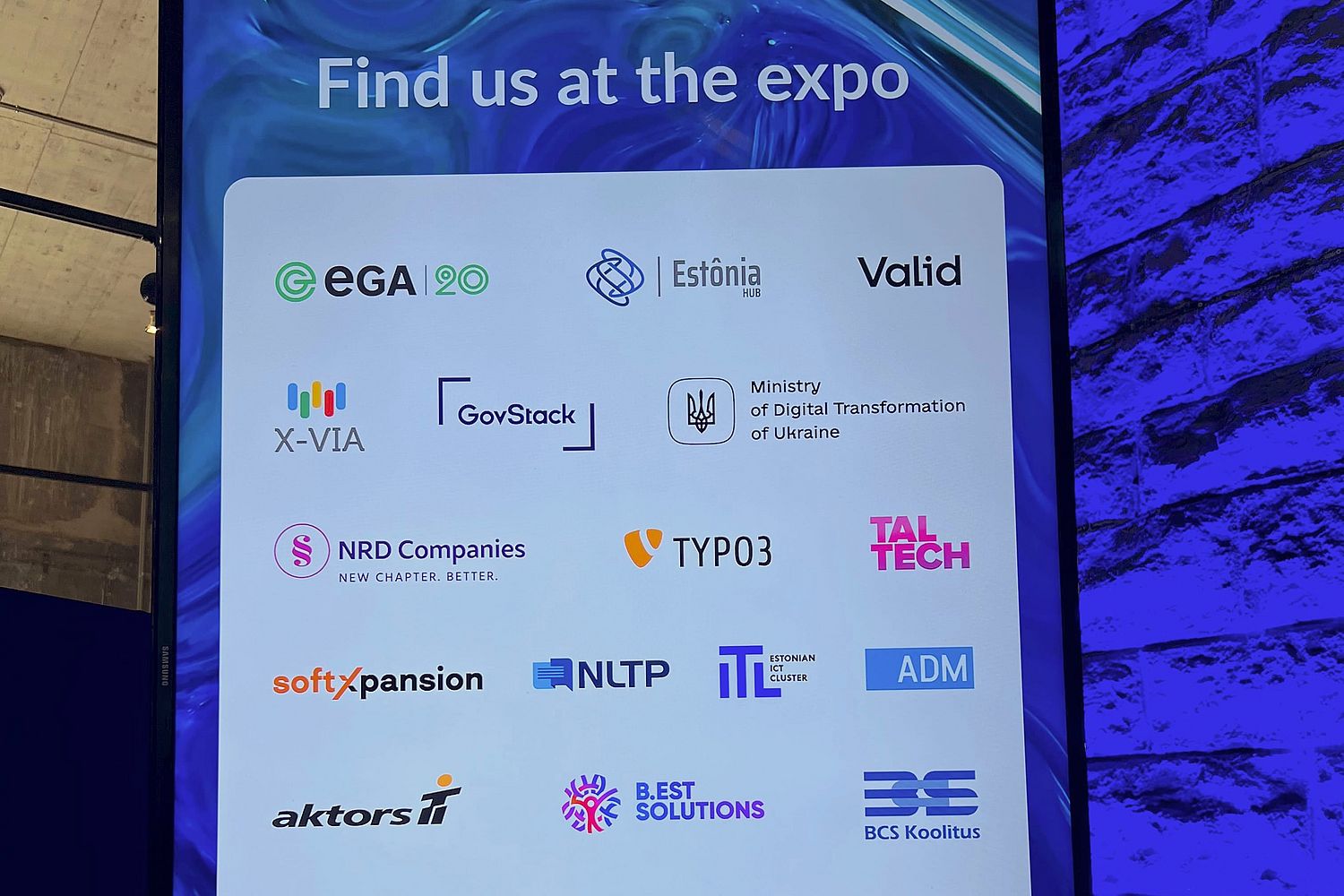 Display with logos and the title "Find us at the expo".