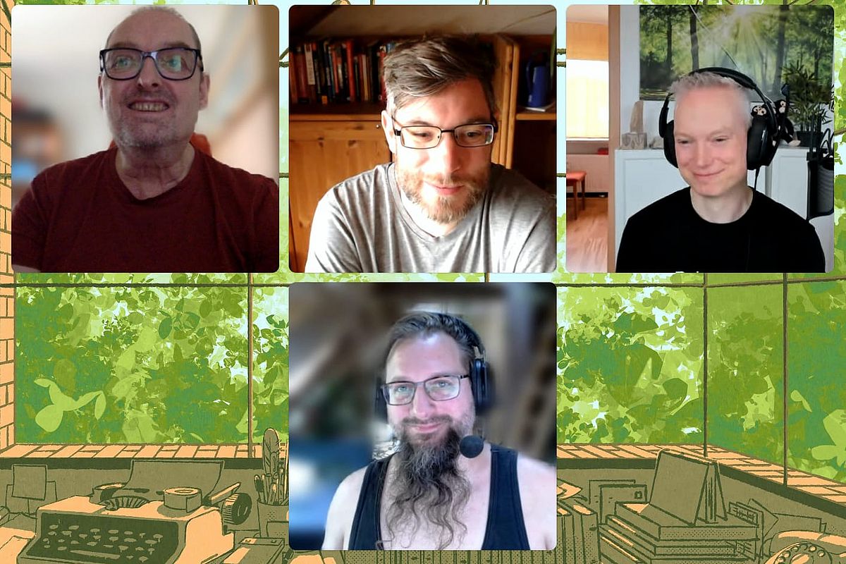 A video call with four smiling people, each in their own frame, wearing headsets or glasses, with a background illustration of a green leafy window and a desk with office supplies.