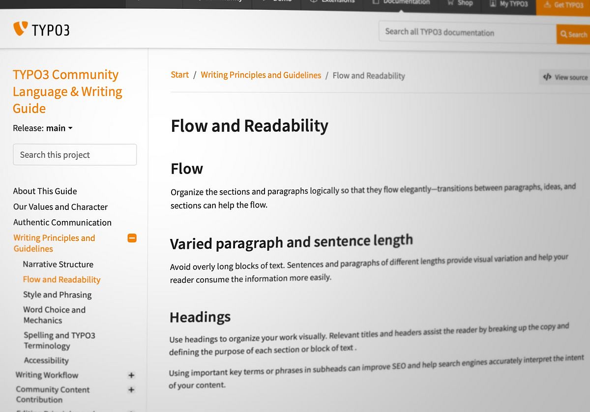 Screenshot of the Flow and Readability section of the TYPO3 Community Language & Writing Guide