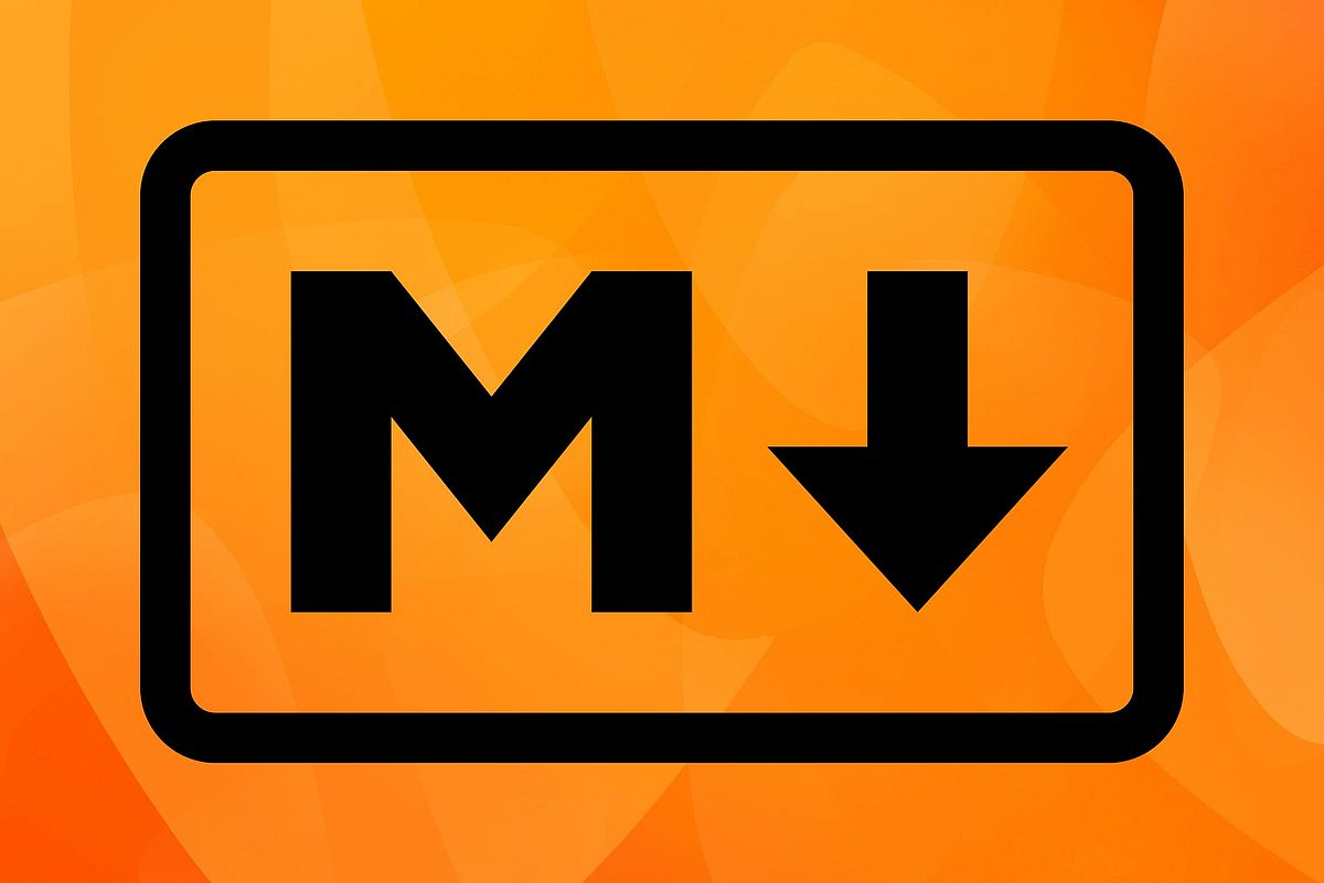 The letter M and a down-pointing arrow surrounded by a rounded rectangular frame on an orange background