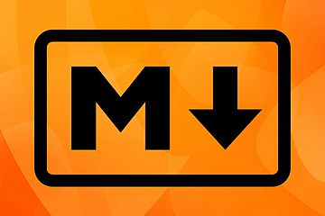 The letter M next to a down-pointing arrow within a thickly bordered rounded rectangle, set in black on an orange background.