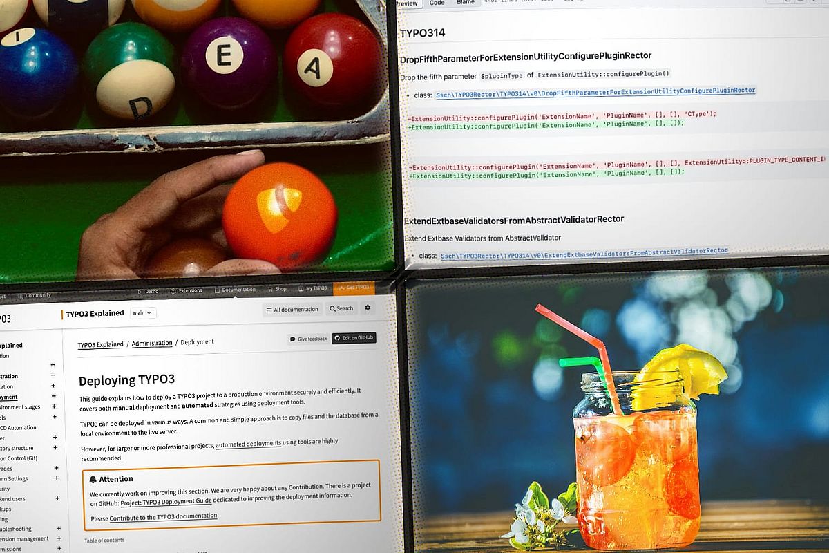A collage with pool balls labeled IDEA, a hand holding an orange ball, code snippets, a TYPO3 documentation page on deploying TYPO3, and a glass of orange iced drink with lemon, mint, and a straw, all in separate quadrants.