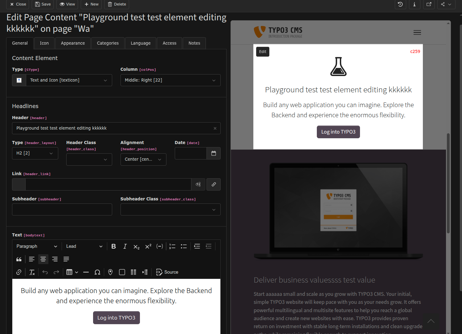 Screenshot of a TYPO3 CMS backend page editor. The left panel shows options for editing text and headings, while the right preview panel displays a web page with a dark laptop mockup and a call-to-action button.