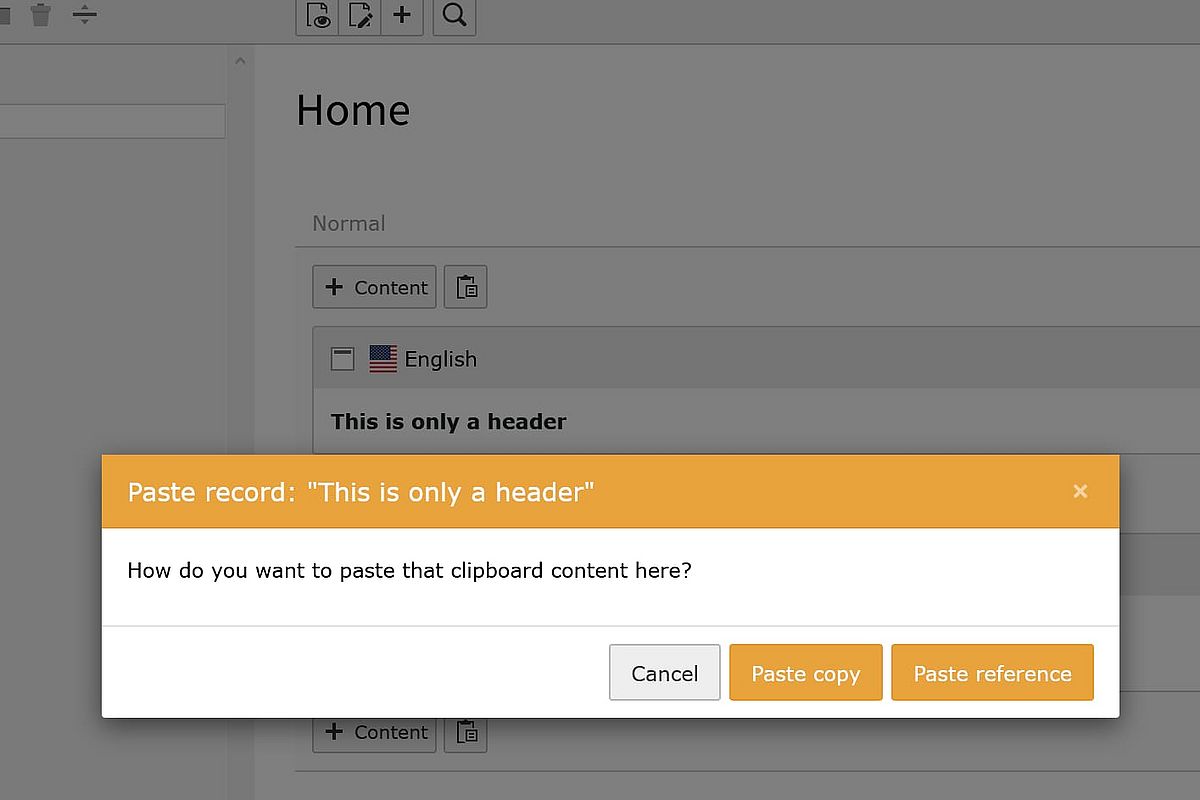 Popup message on a text editor says: "Paste record: 'This is only a header'", with options for "Cancel," "Paste copy," and "Paste reference.