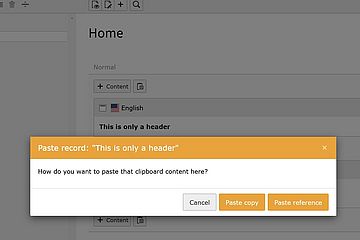 Popup message on a text editor says: "Paste record: 'This is only a header'", with options for "Cancel," "Paste copy," and "Paste reference.