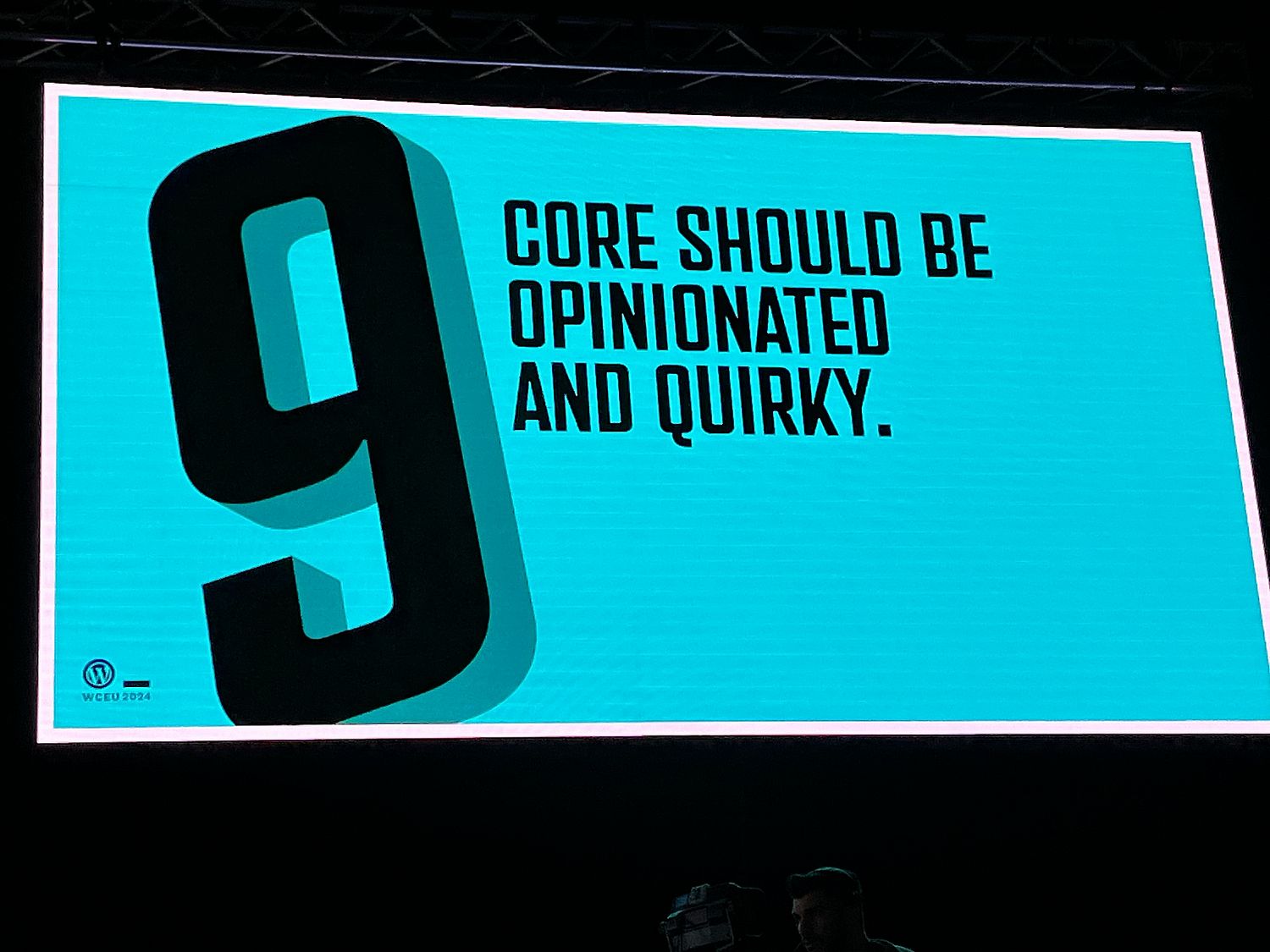 Slide with blue background, the number 9, and the text: "core should be opinionated and quirky."