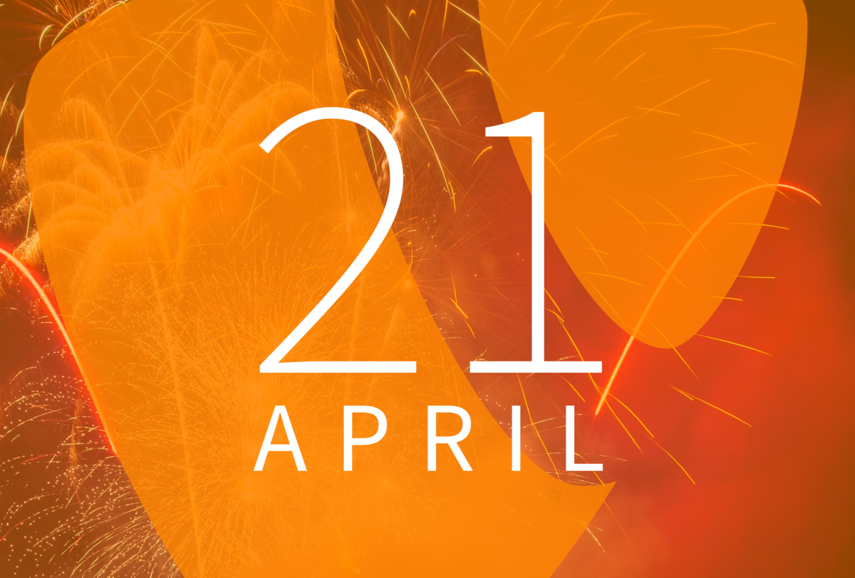 The text "21 April" with the TYPO3 logo and fireworks in the background.