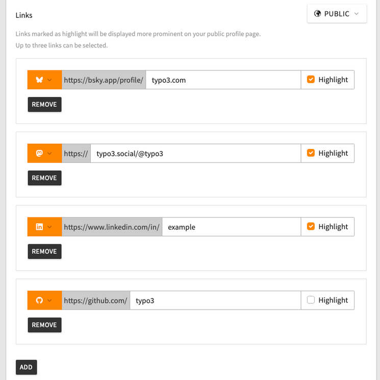Screenshot of a webpage showing links management with options to mark links as highlighted. The links displayed are for bsky.app, typo3.social, linkedin.com in an example format, and github.com/typo3. Each link has options to remove or highlight.