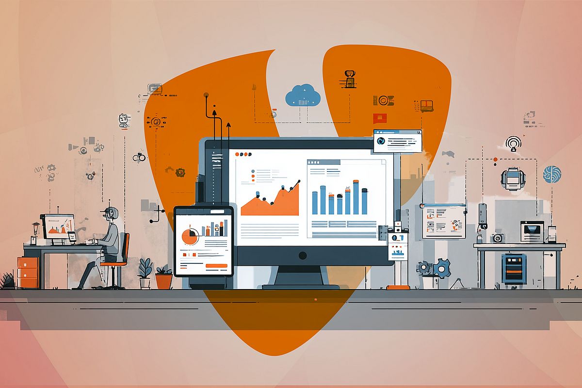 Illustration of a workspace with computers, graphs, and data charts on screens, symbolizing data analysis and technology. A person works at a desk surrounded by digital and cloud icons, suggesting a digital and connected environment. A large TYPO3 logo in the background.