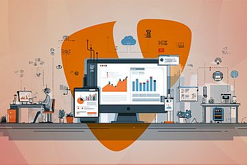 Illustration of a workspace with computers, graphs, and data charts on screens, symbolizing data analysis and technology. A person works at a desk surrounded by digital and cloud icons, suggesting a digital and connected environment. A large TYPO3 logo in the background.