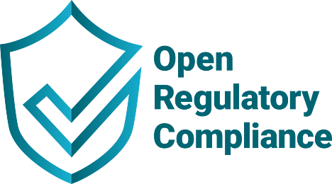 A teal outline of a shield with a checkmark inside is next to the words Open Regulatory Compliance in teal.