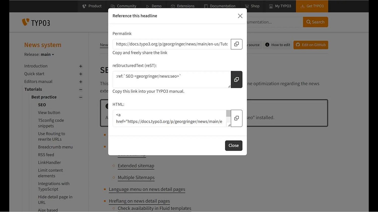 Screenshot of a TYPO3 documentation page with a modal pop-up showing three different ways to create a link to a headline.
