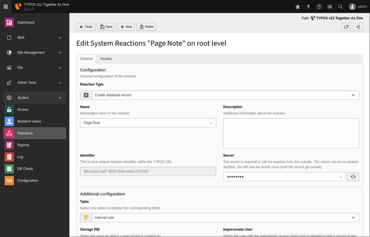 Screenshot of the TYPO3 backend shows the input form to create a new Reaction