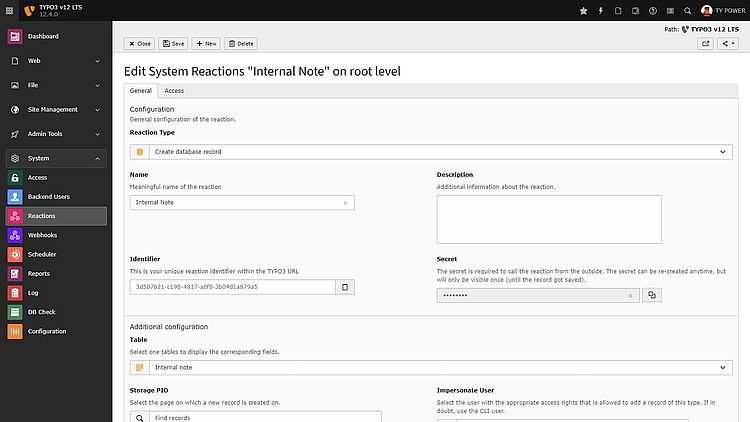 Screenshot of the TYPO3 backend showing the input form to edit a Reaction (incoming webhook)