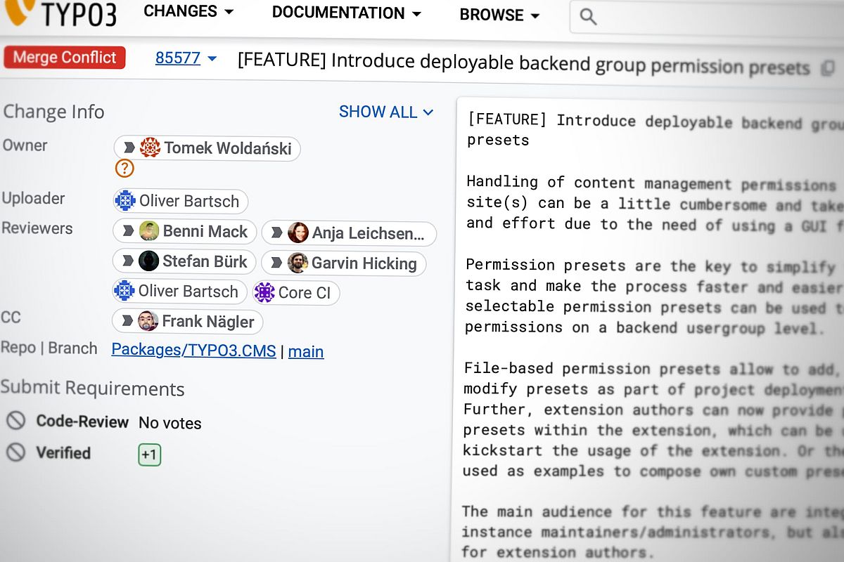 creenshot of a project management interface showing a feature proposal titled "Introduce deployable backend group permission presets" with listed contributors and a code review system.