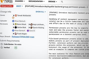 creenshot of a project management interface showing a feature proposal titled "Introduce deployable backend group permission presets" with listed contributors and a code review system.