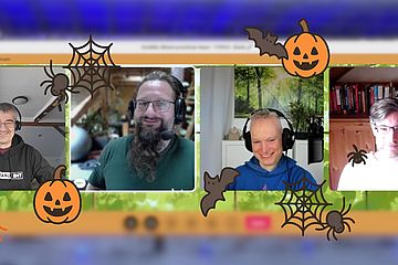 Screenshot of a video call with four smiling people, decorated with cartoon Halloween pumpkins, spiders, spiderwebs, bats, a tombstone, and a witch hat around the edges.