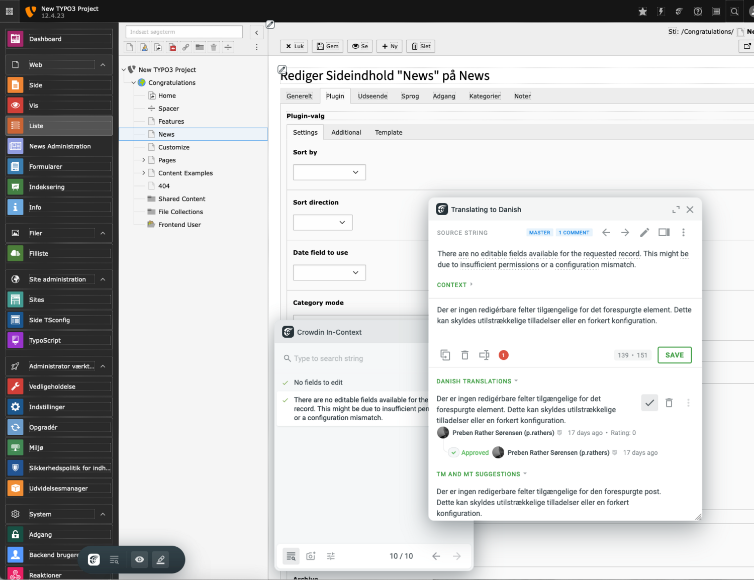 A computer screen showing a user interface for editing content in a CMS. It displays inline text translation options with English and Danish translations on the right and various navigation options on the left sidebar.