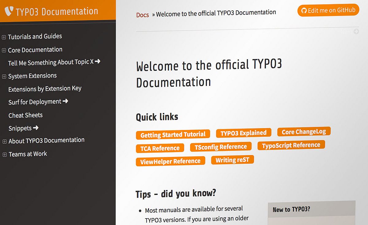 Screenshot of the docs.typo3.org homepage.