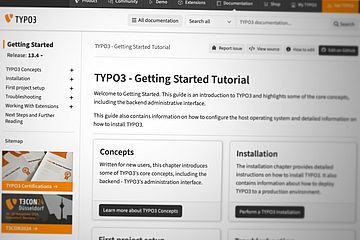 Screenshot of the TYPO3 documentation's Getting Started Tutorial home page