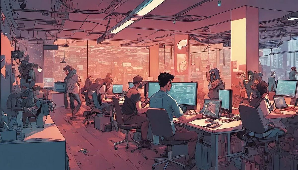 Cartoon-style drawing of programmers working in an open-plan office.