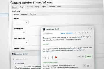 A computer screen showing a user interface for inline editing content in a CMS. It displays text translation options with English and Danish translations on the right.