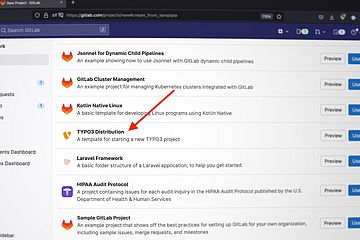 A red arrow points to the TYPO3 Distribution option in a GitLab project template selection menu, which is described as "A template for starting a new TYPO3 project".