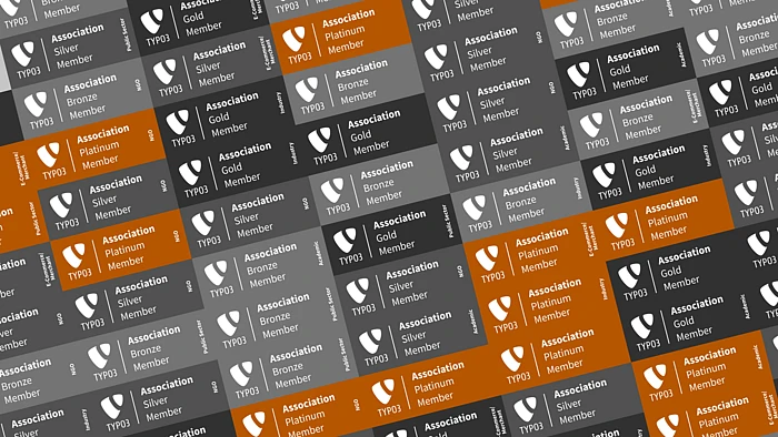 A repeating pattern of membership badges labeled “Association Platinum Member,” “Gold Member,” “Silver Member,” and “Bronze Member” in white, gray, black, and orange colors, each with the TYPO3 logo.