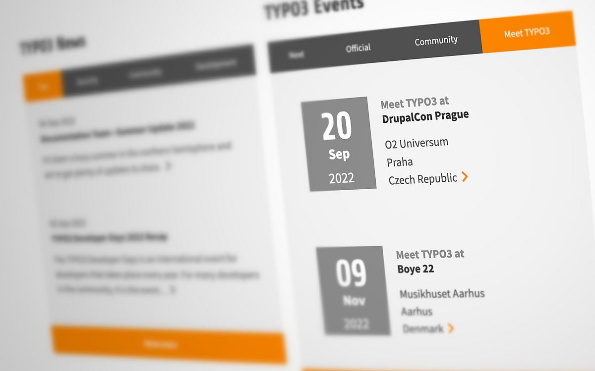 Screenshot of the event listing at typo3.org, showing two Meet TYPO3 events: DrupalCon and Boye 22.