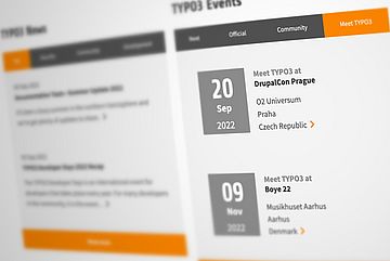 Screenshot of the event listing at typo3.org, showing two Meet TYPO3 events: DrupalCon and Boye 22.