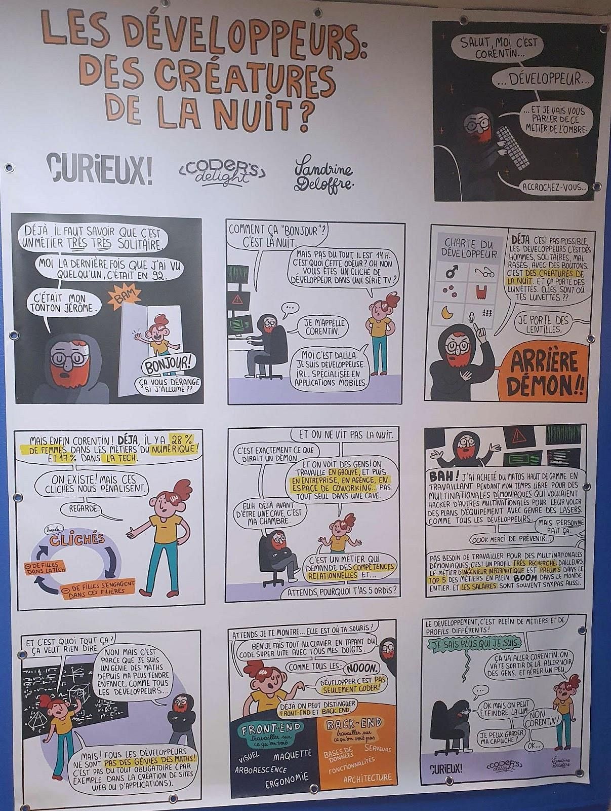 A one-page cartoon with 10 frames titled “Developers, creatures of the night” in French.