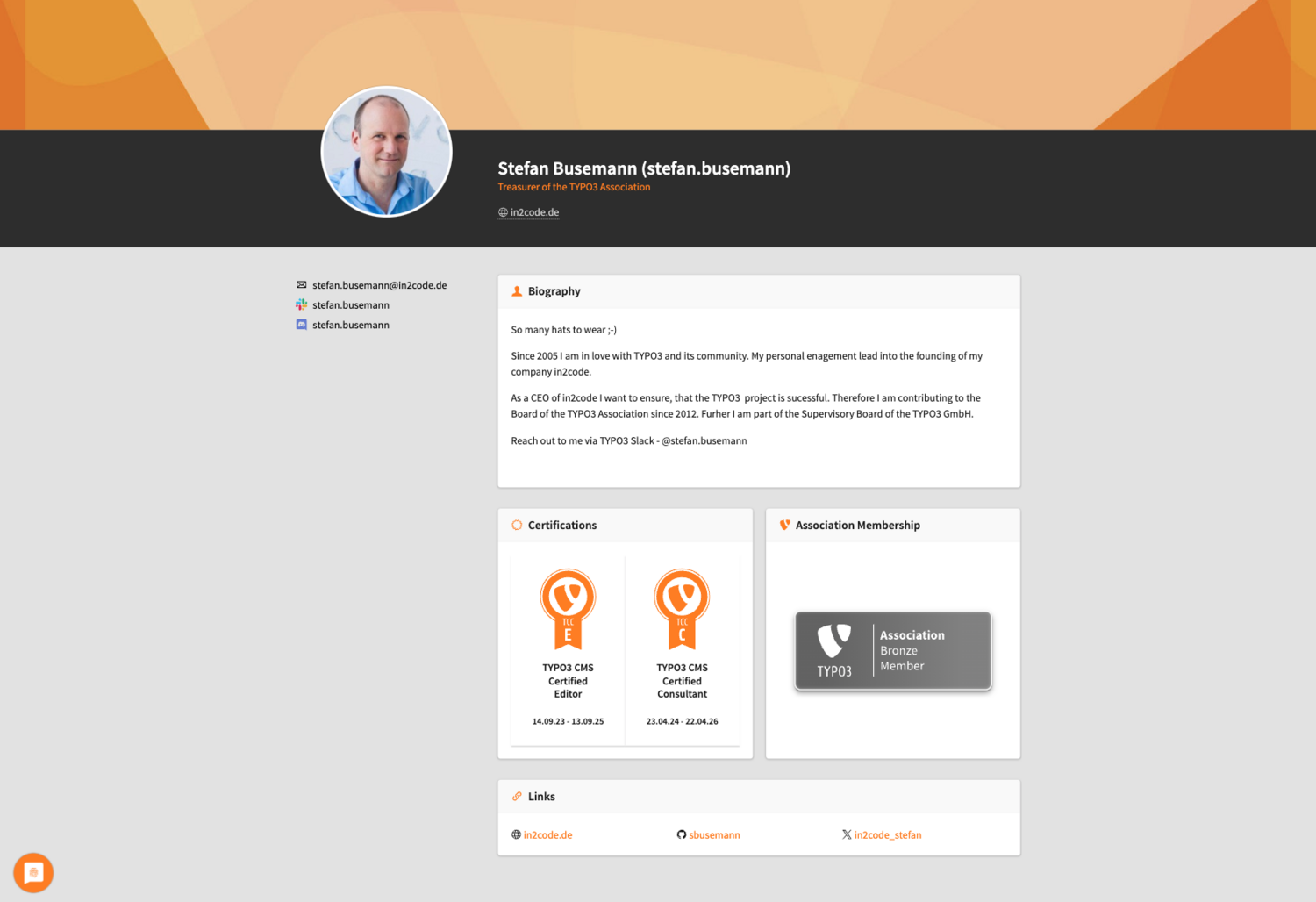 Profile page with a persons photo, contact info, and biography. Two certification badges for TYPO3 CMS and an association membership badge are displayed. There are also social media links and an email icon.