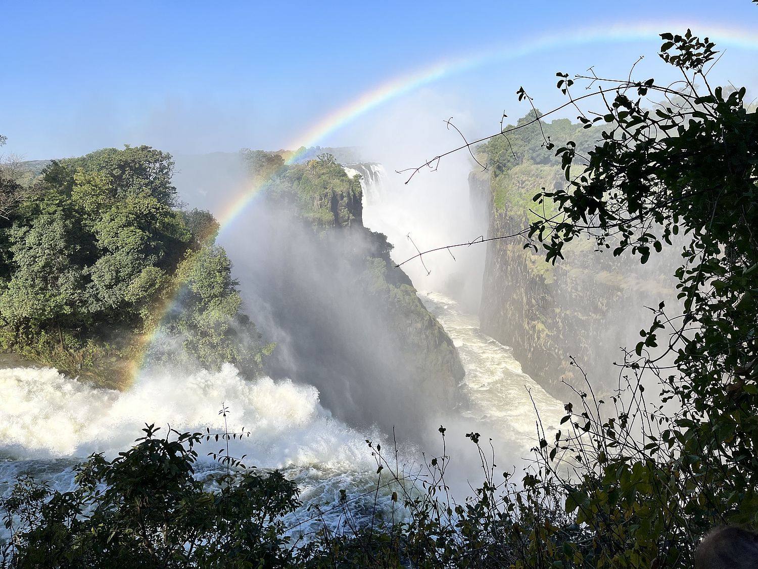 Large waterfall with a rainbow and green trees and leaves.