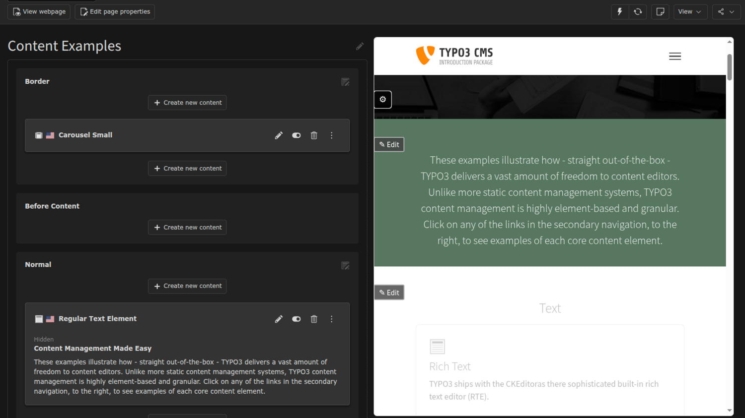 Screenshot of a content management system editor showing a dark mode interface with modules for adding and editing content on the left. The right side displays a green and white example page about TYPO3 CMS content management.