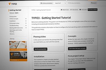 Screenshot of a TYPO3 tutorial webpage titled Getting Started Tutorial. The page includes sections like Prerequisites, Concepts, Installation, and First Project Setup, with buttons to learn more about each topic. The layout is clean and structured.